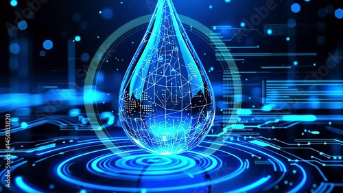 A futuristic digital water droplet with glowing blue circuits, symbolizing technology and innovation