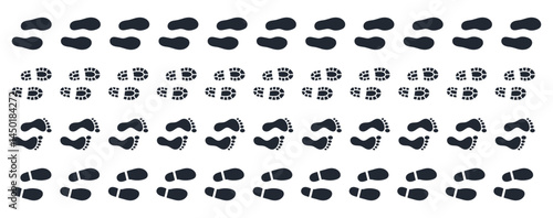 Footprint walk track pattern vector illustration set isolated on white background. Route navigation trace.