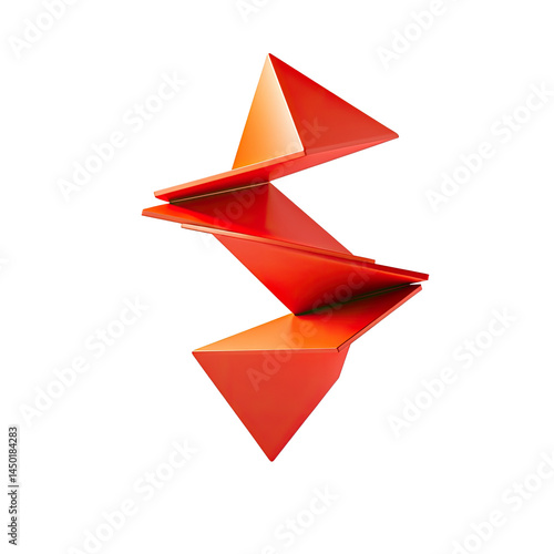 Abstract, red, geometric, 3D, twisted, pyramidal shape.  Dynamic, swirling design