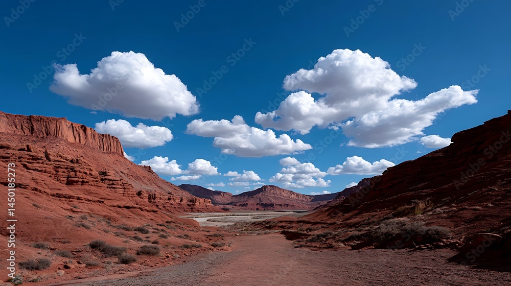 Fototapeta premium Desert Canyon Trail Red Rocks with Blue Sky, and Puffy Clouds.