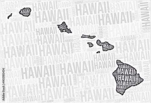 Hawaii counties map word cloud. Hawaii region names. Black and white map design. Stylish vector illustration.