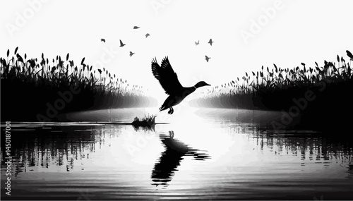 A black and white silhouette of a goose flying over the lake against the background of the sky and reeds. Vector graphics. EPS.