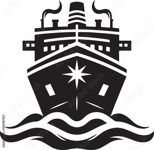 Ferry or ship front view silhouette vector Illustration on a white background 