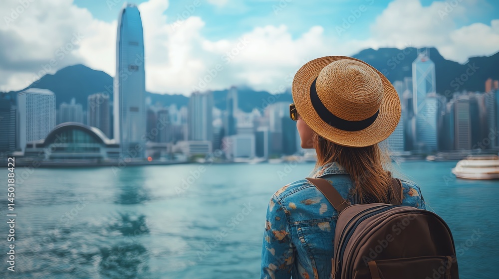 Fototapeta premium Woman traveler in Hong Kong, enjoying the city skyline and harbor view.