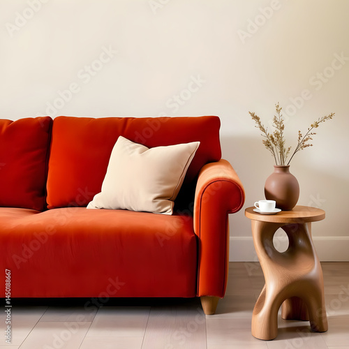 Corner of a soft terracotta sofa, with a pillow and a decorative wooden table on the right.