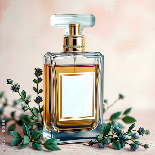 A bottle of men's perfume with an empty label, surrounded by decorative branches.