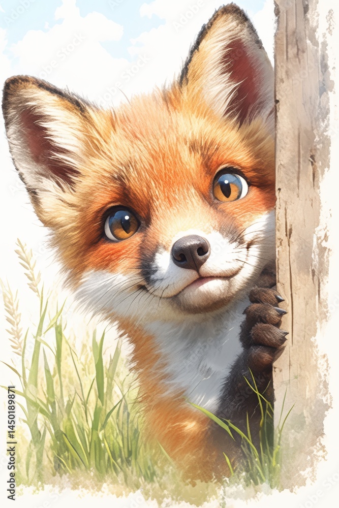 Obraz premium Adorable fox kit peeking from behind a wooden post in a grassy field