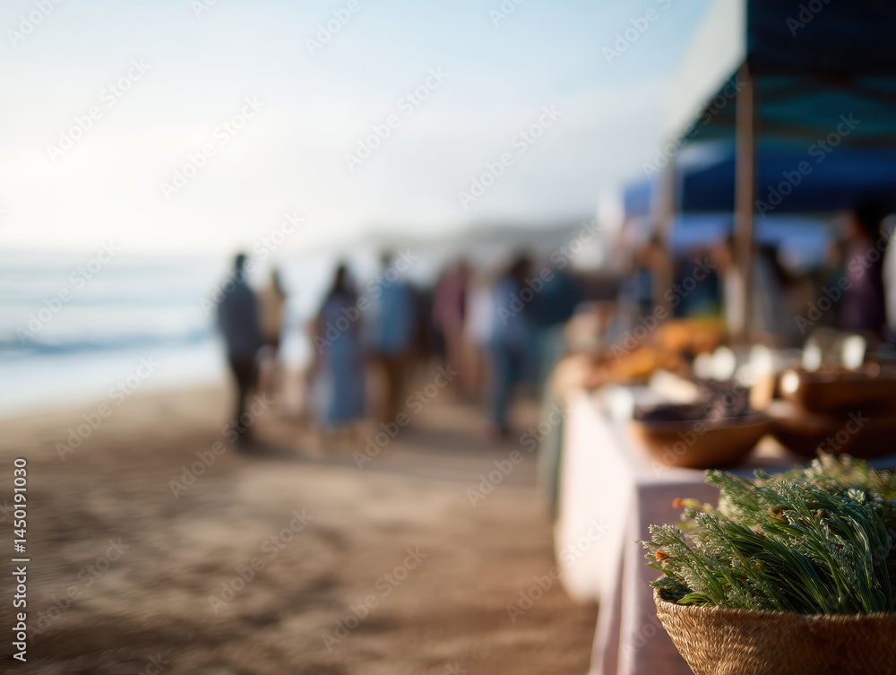 Obraz premium Beachfront market with local artisans and vibrant atmosphere