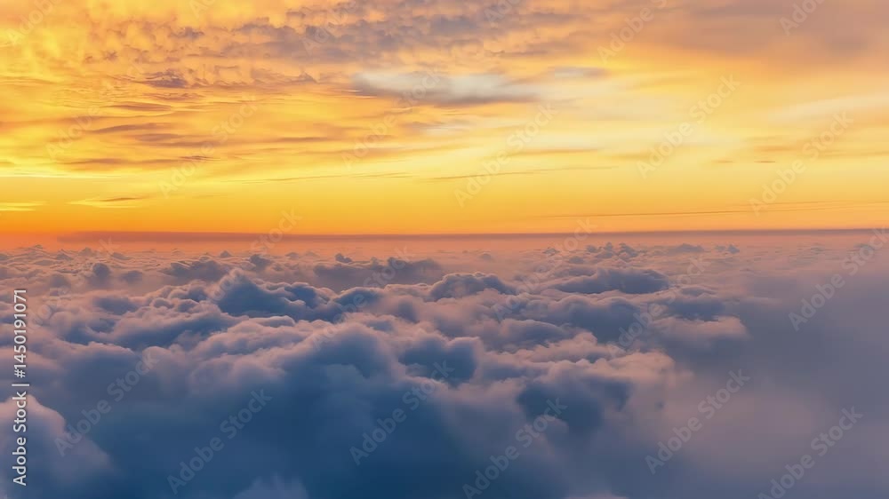 Bright sunset above cloudscape seen from airplane cabin window with vibrant colors and ethereal light, aerial perspective of golden skyscape. Bright sunset above cloudscape seen from airplane cabin window with vibrant colors and ethereal light, aerial perspective of golden skyscape.