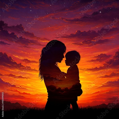 a mother and her baby infused  with sunset, deep meaning and underling concept