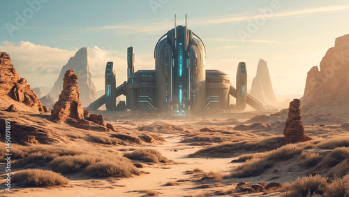 a beautiful sci-fi landscape, with a futuristic thing in the background. 