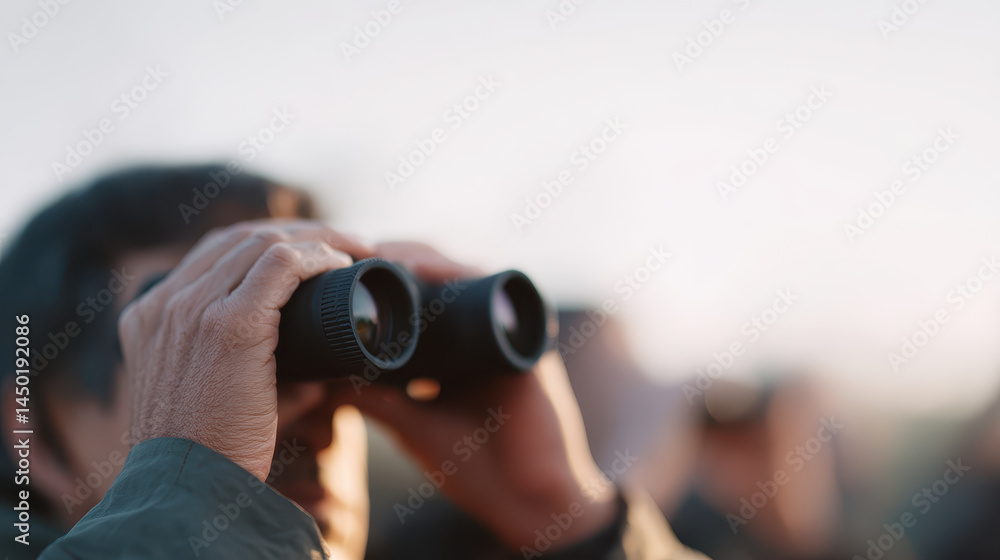 Fototapeta premium Person using binoculars for birdwatching outdoors