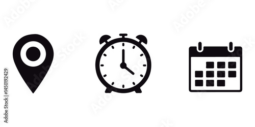 Map Pointer, Alarm Clock, and Calendar Icons
