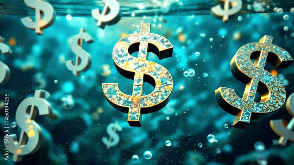 Underwater scene featuring floating dollar signs surrounded by bubbles, creating a surreal financial theme Underwater scene featuring floating dollar signs surrounded by bubbles, creating a surreal financial theme