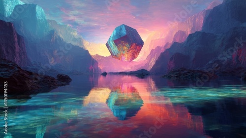 Floating crystal in surreal pastel mountain landscape with glowing reflections in water