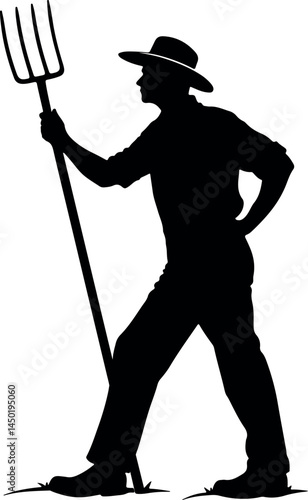 Striking Silhouette of a Determined Farmer Holding a Pitchfork – Iconic Rural Worker Vector Illustration for Agriculture, Farming, Countryside, and Heritage