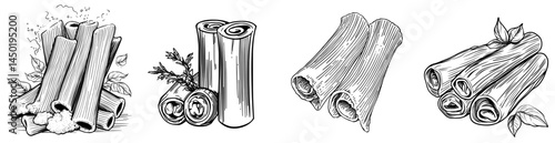 Modern italian mediterranean cuisine is represented by penne lisce pasta food, a tube shape made from wheat dough, shown as an isolated color outline icon