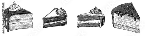 A sketch of layered chocolate cake from a bakery, showcasing a modern creamy sweet dessert made of cocoa