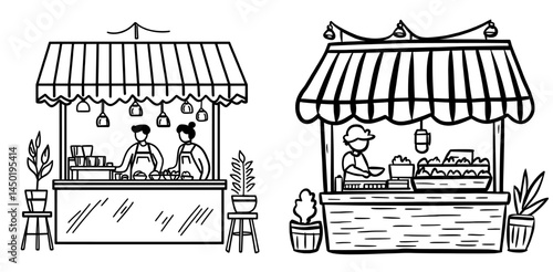A fastfood shop with a variety of noodle dishes, including chinese pasta and ramen udon, is depicted as an isolated line icon, symbolizing modern street food and takeaway vendors with van carts