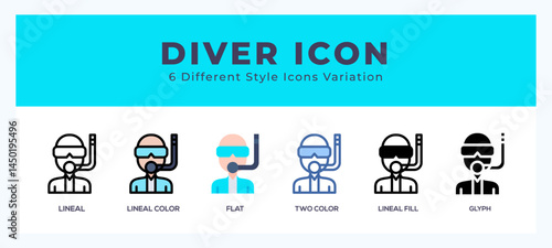 Diver icon set with different styles. Vector illustration.