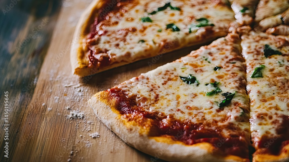 Fresh Hot Cheese Pizza with Basil Toppings on a Wooden Cutting Board Fresh Hot Cheese Pizza with Basil Toppings on a Wooden Cutting Board