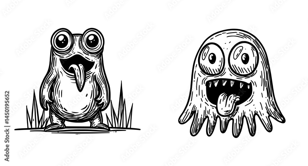 Obraz premium An amusing, violet-hued alien creature featuring large green eyes, an antenna, and a cheerful countenance, with its tongue stuck out in a playful manner, well-suited for kids' books, video games, or