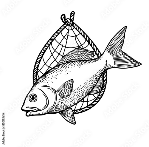 Isolated outline icon of a net with fish, symbolizing modern fishing or fishnet for the fishing industry, whether for production or personal use