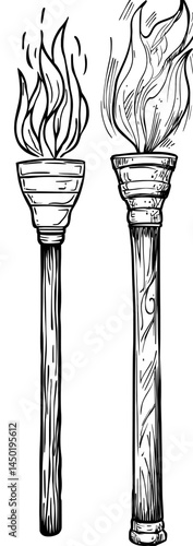 The torch of a cartoon pirate, set aflame, shines brightly with an isolated modern medieval radiance, illuminating the blackness of night and unveiling the mysteries that lie hidden beneath the dark