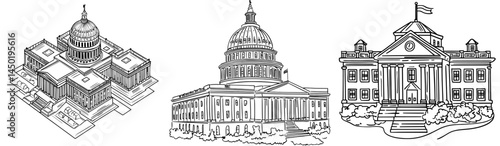 The grandeur and formality of civic architecture are emphasized in an isometric illustration of a large government building with columns