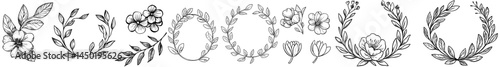 Modern isolated set of elegant decorative plants frames and monogram ornamental dividers for wedding invitation card, including floral borders and dividers