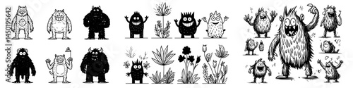 The icon set showcases an array of cartoon monsters, ranging from cute and happy characters to Halloween mascots and amusing mutant toys, all designed in a modern flat style