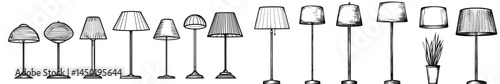 The modern isolated set features cartoon interior lamps, along with modern home lights, such as trendy bedside table and floor standing lamps, a ceiling chandelier, and hanging lampshades
