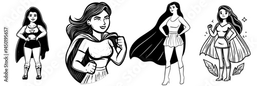 A confident female superhero stands with her hands on her hips, her cape flowing in the wind, exuding strength, courage, and heroism