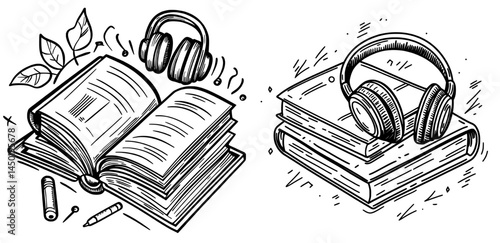 A stack of vibrant books serves as the backdrop for headphones playing an audiobook, accompanied by a digital equalizer display on the top book that illustrates audio levels, symbolizing the idea of