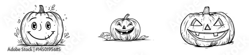 A modern graphic featuring a carved pumpkin face in minimalist black and white, ideal for halloween decorations with its large circular eyes and classic toothy grin