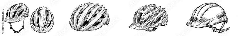 Fototapeta premium Modern illustration in black and white depicts a bicycle helmet with contemporary design and contours