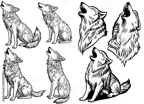 A gathering of wolf silhouettes is depicted in numerous poses, highlighting howling and sitting positions