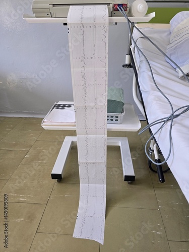 Obraz na plátně A fetal heart monitor is shown in a clinical setting, printing a paper strip with a heart rate graph, symbolizing medical care and diagnostics