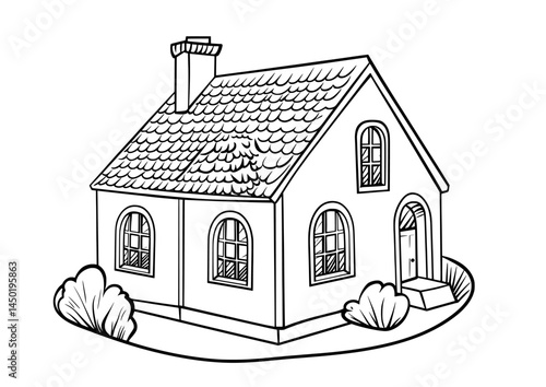 A simple house design with windows and a chimney in black and white silhouette is ideal for use as icons