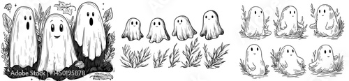 A spooky halloween ghost is represented by a fly phantom spirit that has a scary face and is characterized as a ghostly apparition in white fabric in a modern illustration set