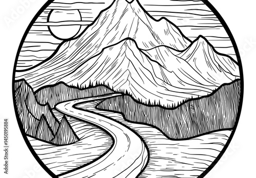 A mountain with a winding trail is captured in a black and white illustration, conveying themes of adventure and exploration