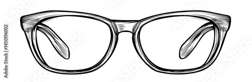 The illustration features classic eyeglasses in black silhouette form on a transparent background to accentuate their style