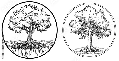The design features a circular frame enclosing a tree silhouette that includes both roots and branches, all in black and white