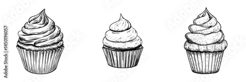 The sketch of a cupcake with orange jelly topping is a modern dessert isolated with a muffin and cream swirl