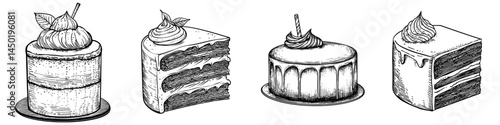 A modern birthday pie is represented by a sketch of an isolated creamy sweet chocolate dessert cake