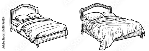 Pillows adorn the bed, whose silhouette embodies a traditional and inviting design for bedroom furnishings