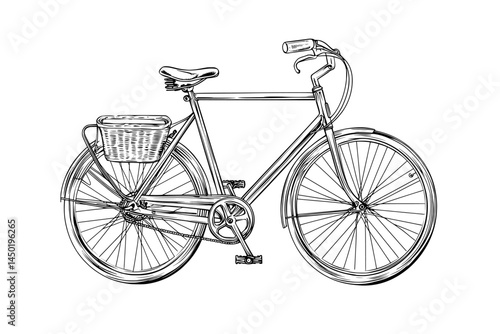 A black and white silhouette of a vintage bicycle that has a basket appears on a white background, complete with the bicycle's shadow