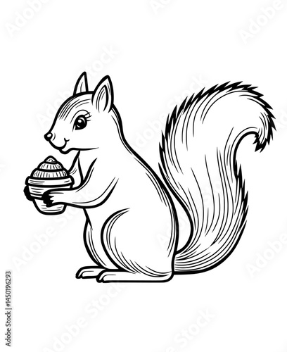 A silhouette of a squirrel in a playful pose, holding a nut in its paws, is suitable for wildlife illustration purposes