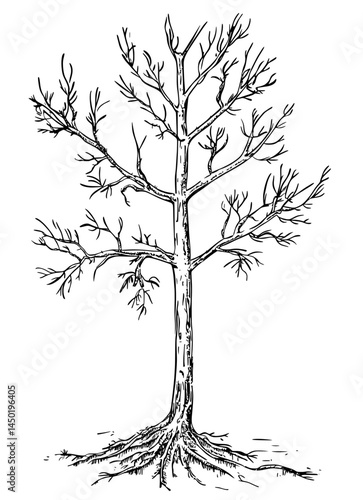 The intricate details of a leafless tree's branches and roots are captured in a precise silhouette