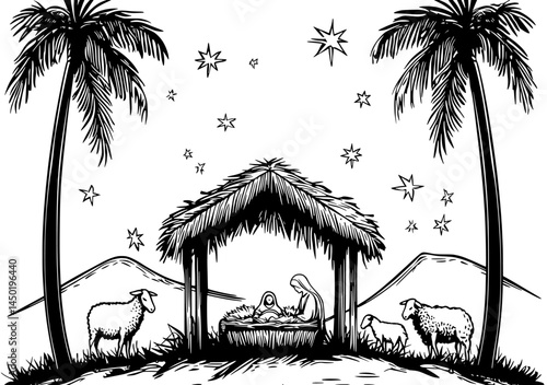 A calm nativity scene portrays Mary and Joseph with sheep in a stable under the twinkling stars of the night sky
